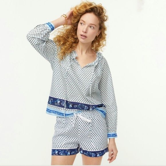 NWT J.Crew Tie-front ruffle top in blue print - Picture 4 of 8
